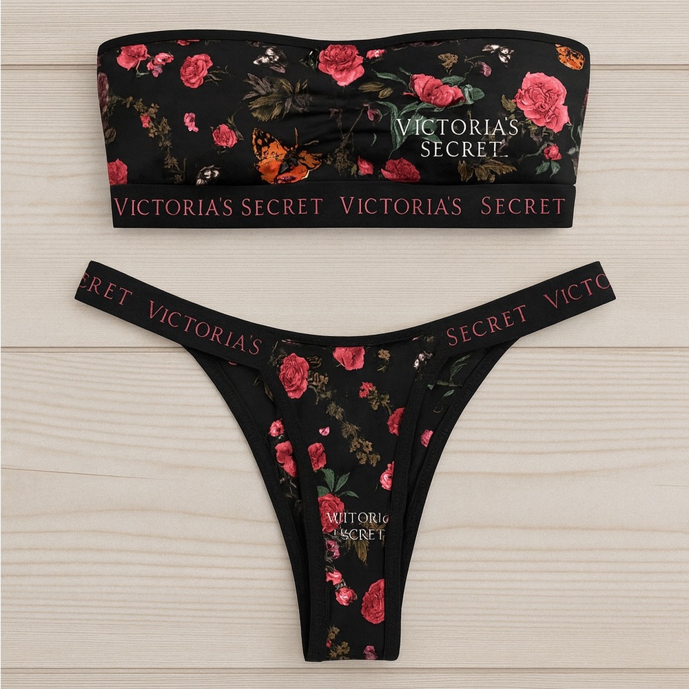 Victoria's Secret Black Floral Strapless Brazilian Tankini Thong Bikini Set XS